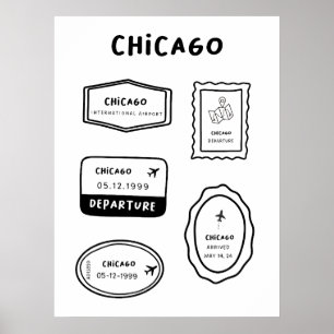 Póster Chicago - Colección de sellos de viaje   Minimalis