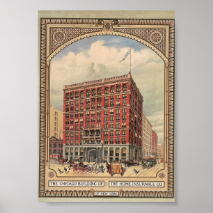 Póster Chicago, Edificio de Seguros Domésticos, Vintage