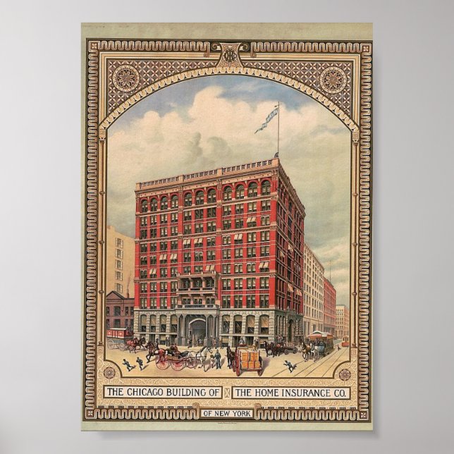 Póster Chicago, Edificio de Seguros Domésticos, Vintage (Frente)