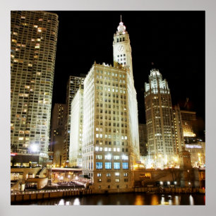 Póster Chicago famous landmark at night
