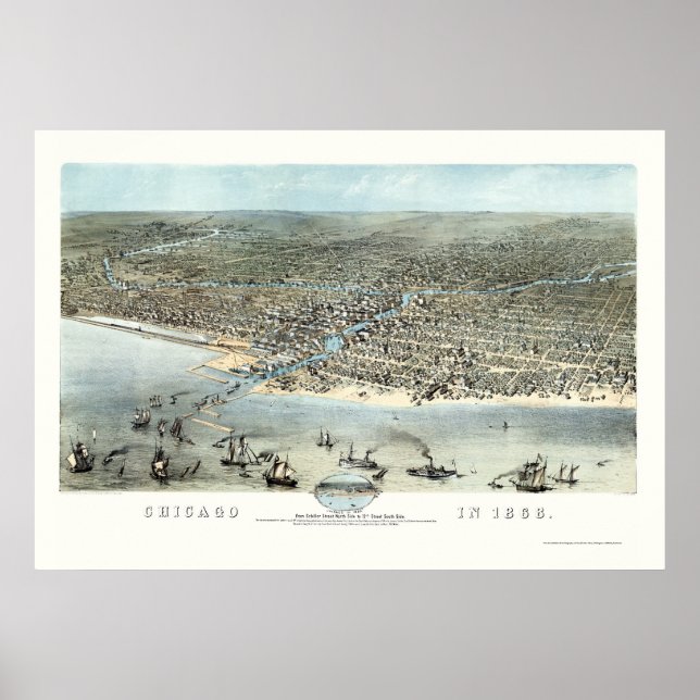 Póster Chicago, IL Mapa Panorámico - 1868 (Frente)