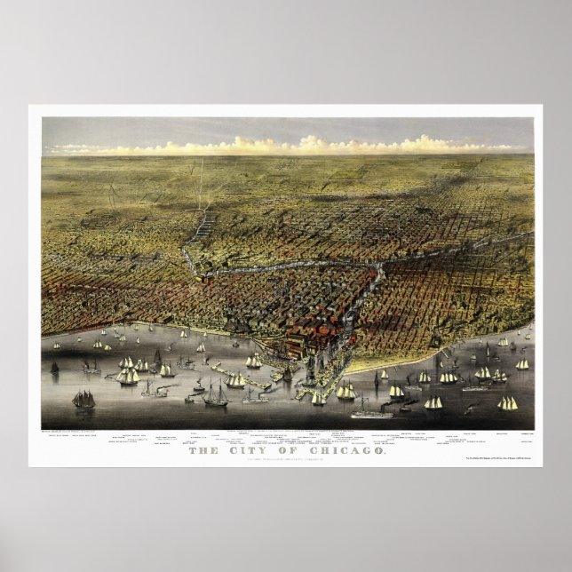 Póster Chicago, IL Mapa Panorámico - 1874 (Frente)