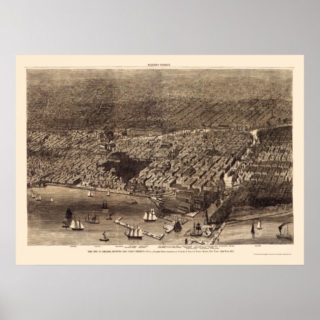 Póster Chicago, IL Mapa Panorámico - 1874 (Frente)