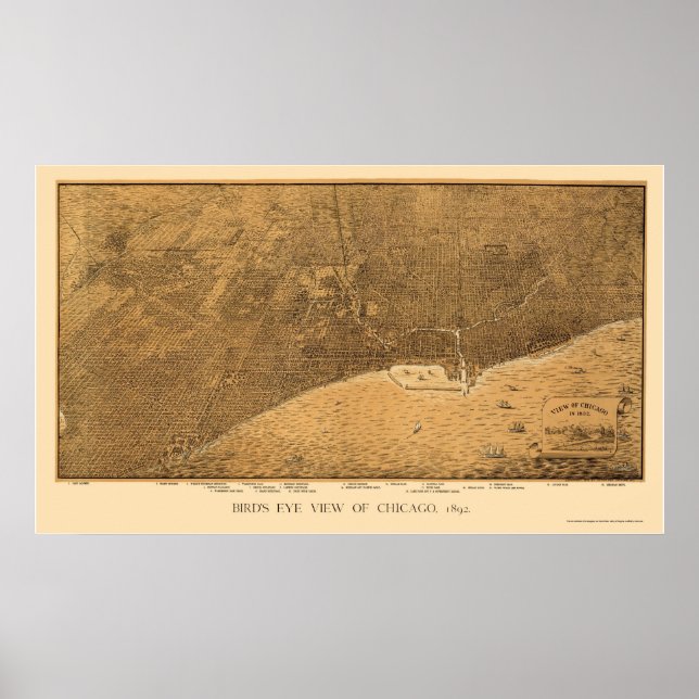 Póster Chicago, IL Mapa Panorámico - 1892a (Frente)