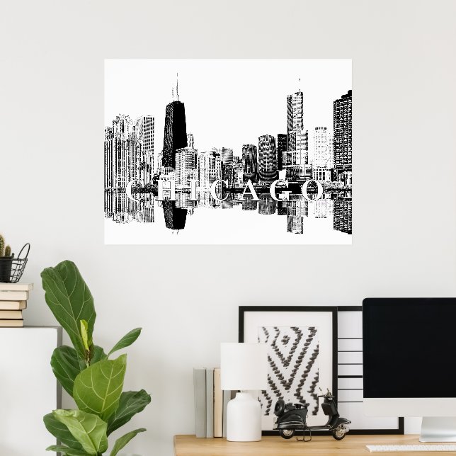 Póster Chicago, Illinois en blanco y negro (Oficina en casa)