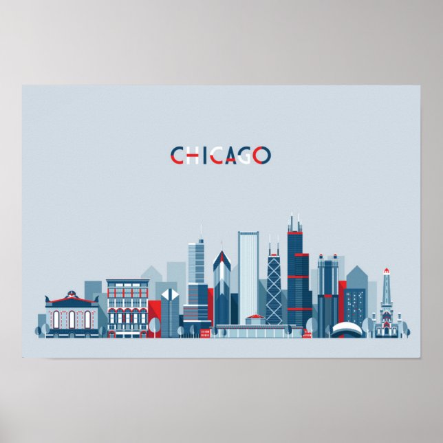 Póster Chicago, Illinois | Línea aérea roja, blanca y azu (Frente)