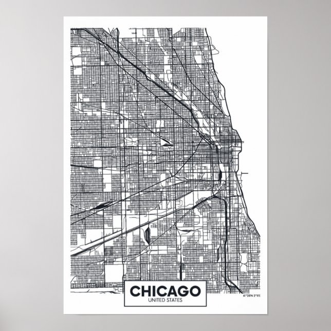 Póster Chicago, Illinois | Mapa de ciudades blancas y neg (Frente)