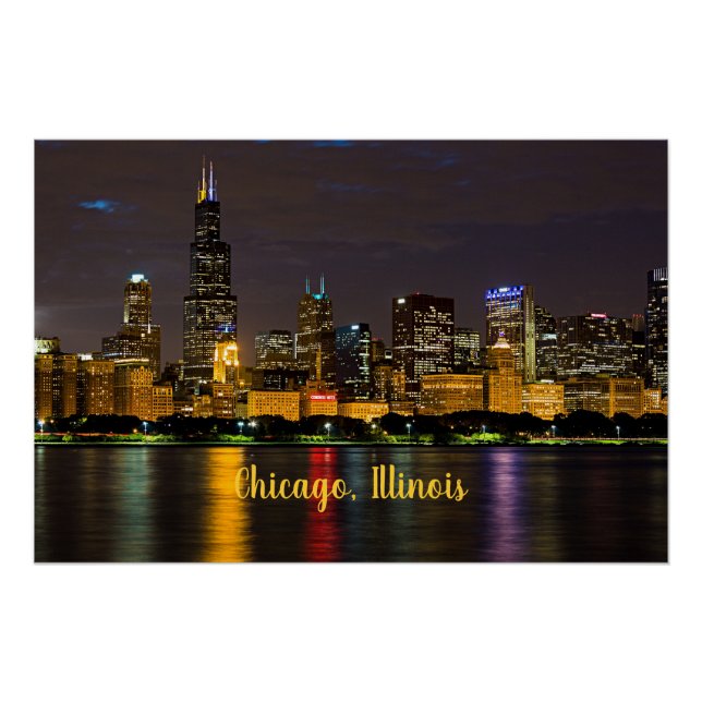 Póster Chicago, Illinois Skyline de noche (Anverso)