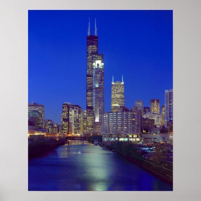 Póster Chicago, Illinois, Skyline de noche con Chicago (Frente)