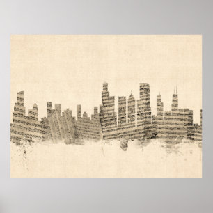 Póster Chicago Illinois Skyline Sheet Music Cityscape