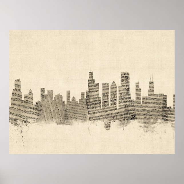 Póster Chicago Illinois Skyline Sheet Music Cityscape (Frente)