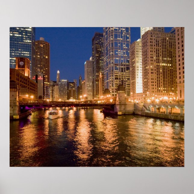 Póster Chicago, Illinois, Skyline y Chicago River at 2 (Frente)