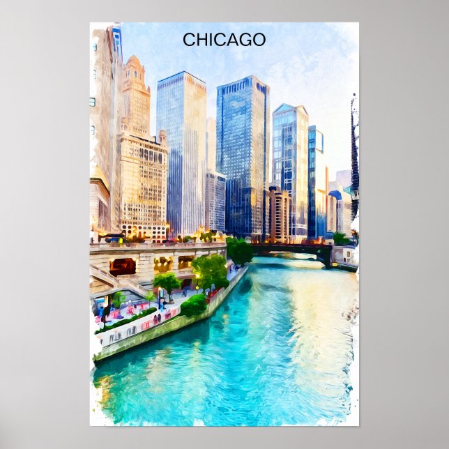 Póster Chicago Illinois Watercolor City View (Frente)