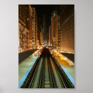 Póster Chicago "L" estación en la noche
