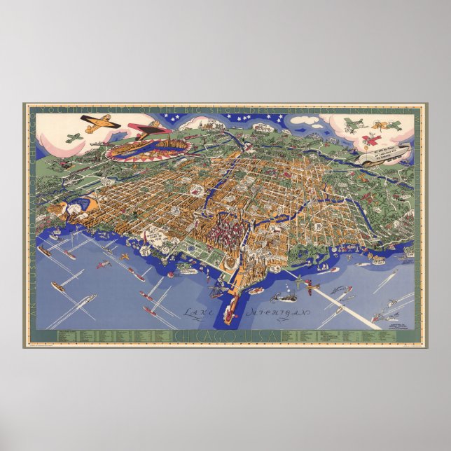 Póster Chicago - Mapa pictórico de la época - 1933 (Frente)