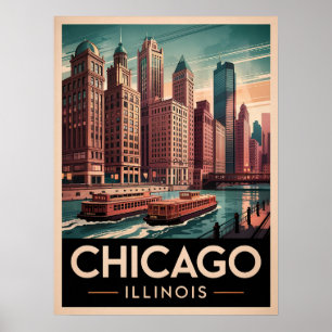 Póster Chicago Riverwalk Retro Art - Vintage City
