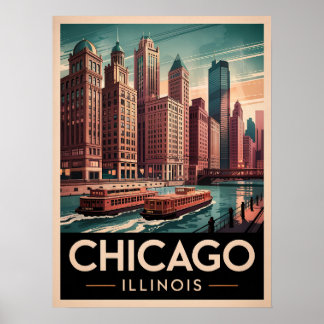 Póster Chicago Riverwalk Retro Art - Vintage City