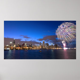 Póster Chicago Skyline Poster con fuegos artificiales