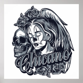 Póster Chicano (mujer con alas, Rosas y cráneo)