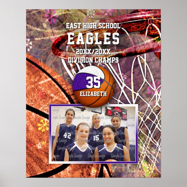 Póster chicas color púrpura blanco equipo foto baloncesto (Frente)