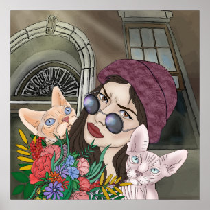 Póster Chicas con gatos Imprimir, papel Poster de valor (
