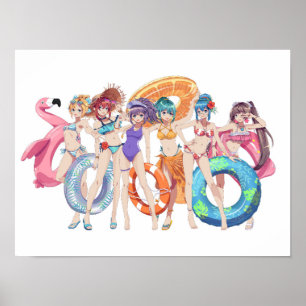 Póster Chicas de Anime en la Playa Verano Grupo
