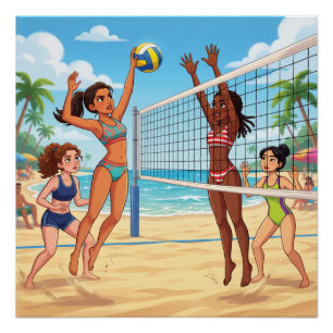Póster Chicas de dibujos animados jugando voleibol de pla