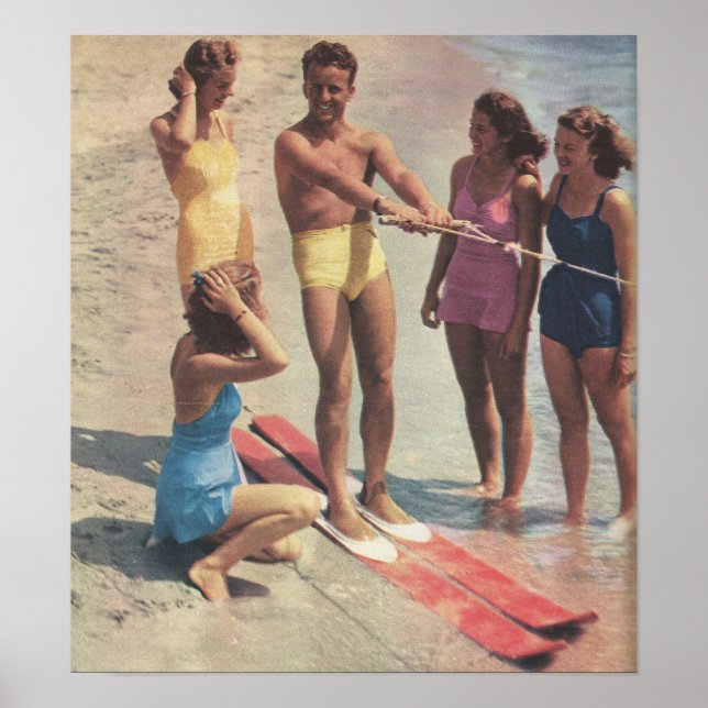 Póster chicas de esquí acuático de los años 1940 con traj (Frente)