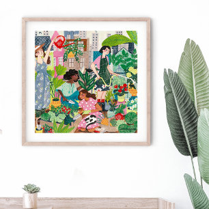 Póster Chicas de jardinería en la azotea