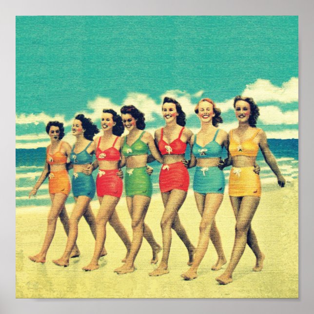 Póster Chicas de la época caminando por la playa (Frente)