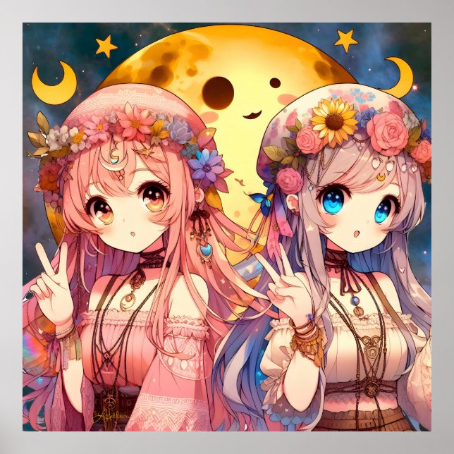 Póster Chicas de la Luna Hippie, Chica anime, dan un sign (Frente)