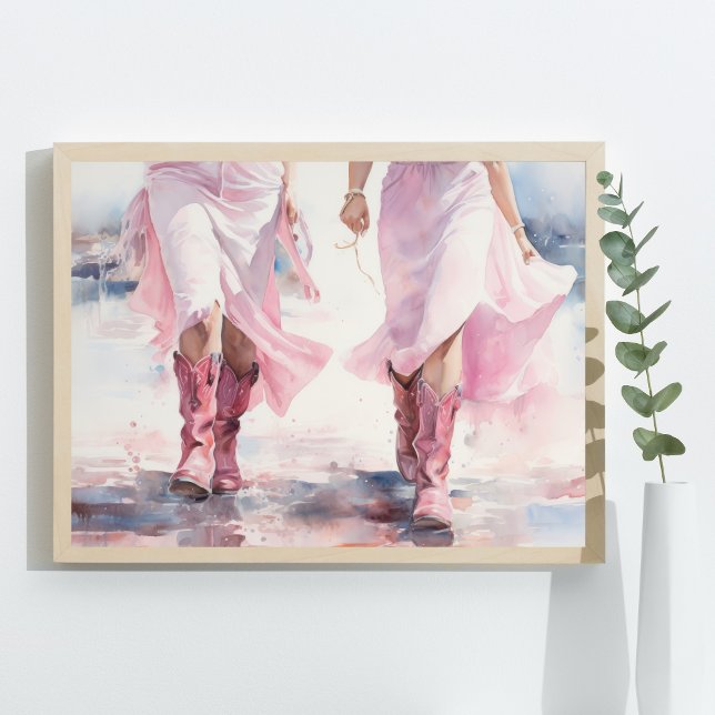 Póster Chicas de moda organizan paseos acuáticos por la p (Preppy Cowgirl Boots walking on Beach Coastal Pink Blue Watercolor Poster Wall Art Print)