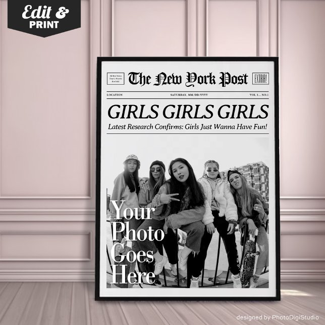 Póster Chicas de prensa de moda y personalizado quieren d (Custom Trendy Newspaper Print Wall Art, New York News | Girls Girls Girls Just Wanna Have Fun )