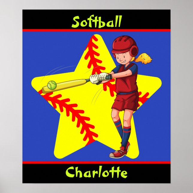 Póster Chicas de Softbol Star Batter Swing Personalizado (Frente)
