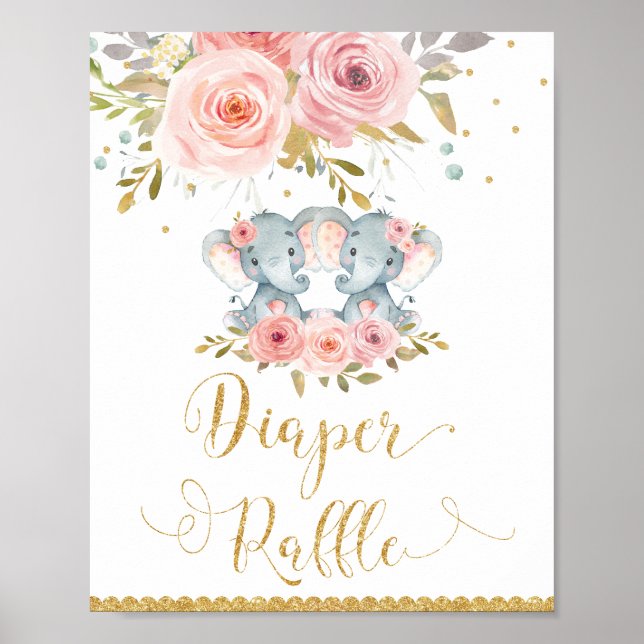 Póster Chicas elefantes gemelos Baby Shower Diaper Raffle (Frente)