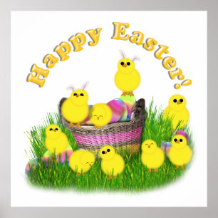 Póster Chicas 'en una cesta de Pascua (texto amarillo)