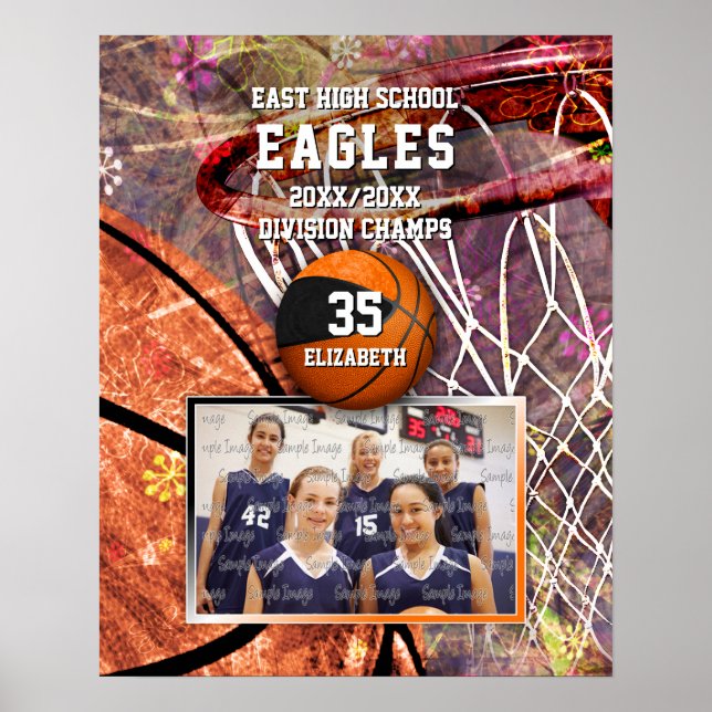 Póster chicas equipo naranja negro colores foto baloncest (Frente)