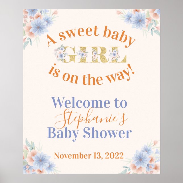 Póster Chicas florales Dusty Blue y Peach Baby Shower (Frente)