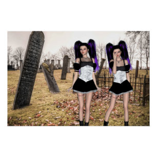 Póster Chicas gemelas góticas de Halloween en el cementer