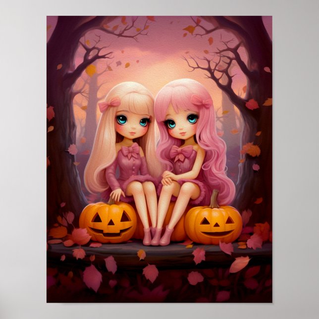 Póster Chicas gemelos de Halloween rosa en el parque (Frente)