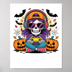 Póster Chicas Halloween Esqueleto Jugadora Video Juegos C