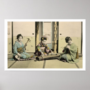 Póster Chicas japoneses que juegan la flauta, el "koto" y