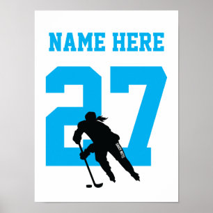 Póster Chicas Jugador de Hockey Personalizado Número Turq