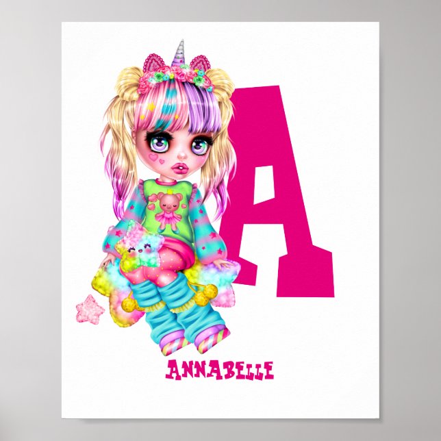 Póster Chicas monogramados Bonito unicornio personalizada (Frente)