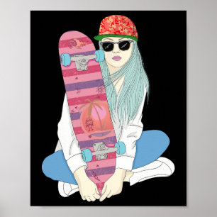 Póster Chicas Patinan Monopatín Patinaje Hacen Un Kickfli