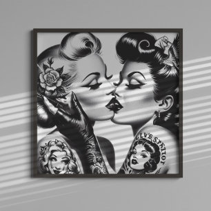 Póster Chicas Pin-up Besándose Retro