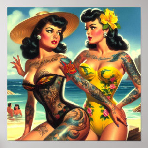 Póster Chicas Pin-up de Playa Vintage Tatuadas