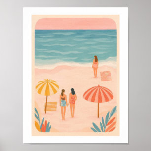 Póster Chicas Retro de Playa Tomando el Sol Paraguas Vint