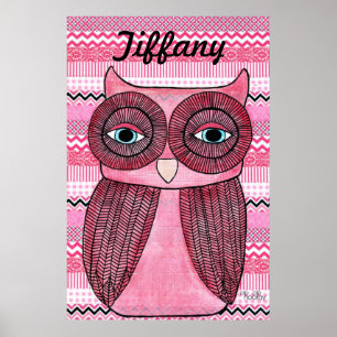 Póster Chicas rosas habitación Chevron Stripes Owl Poster