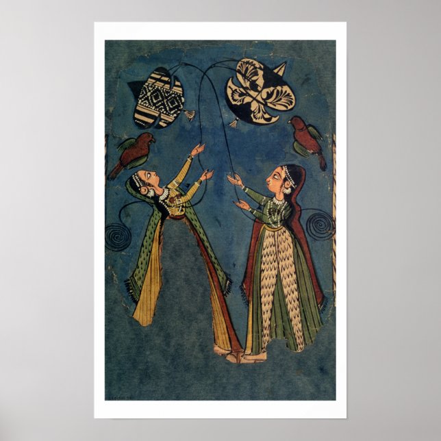 Póster Chicas volando cometas, pintura folclórica de Kulu (Frente)